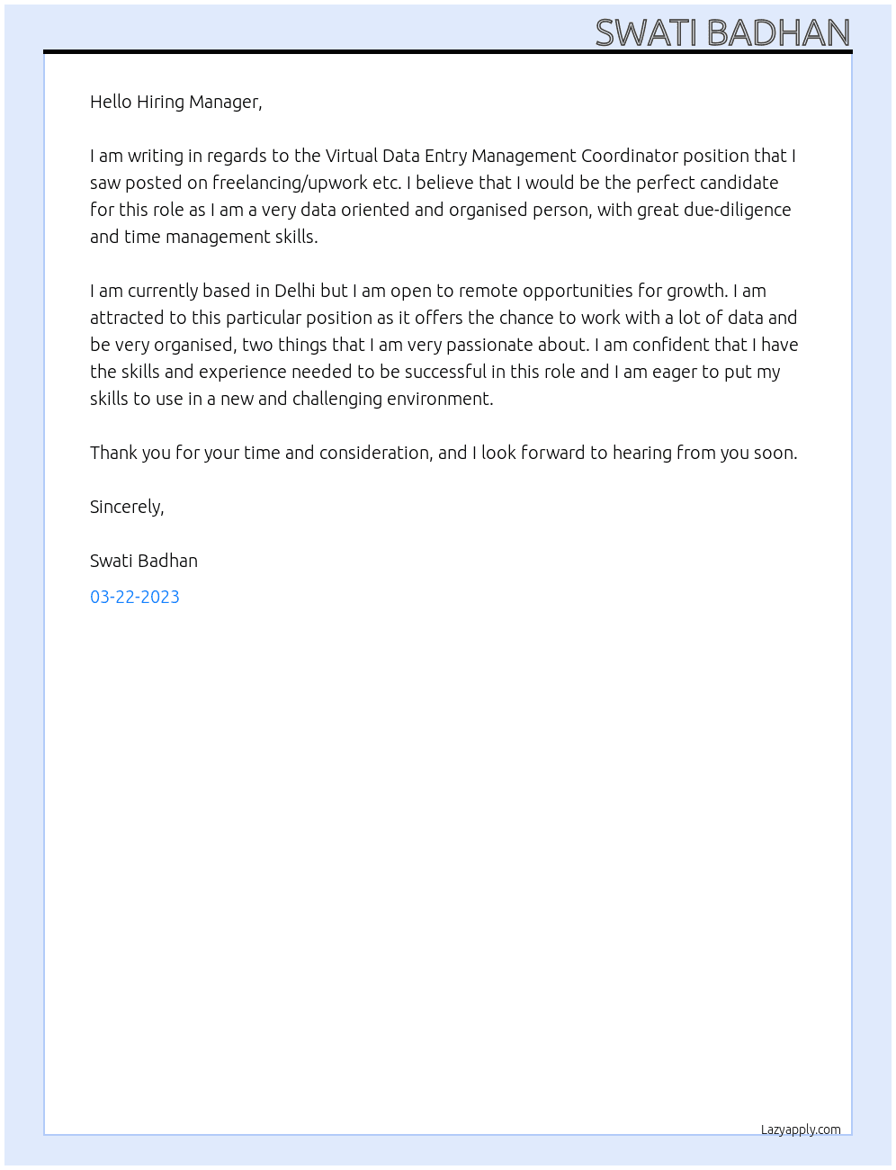 Freelancer  At freelancing/upwork etc Cover Letter