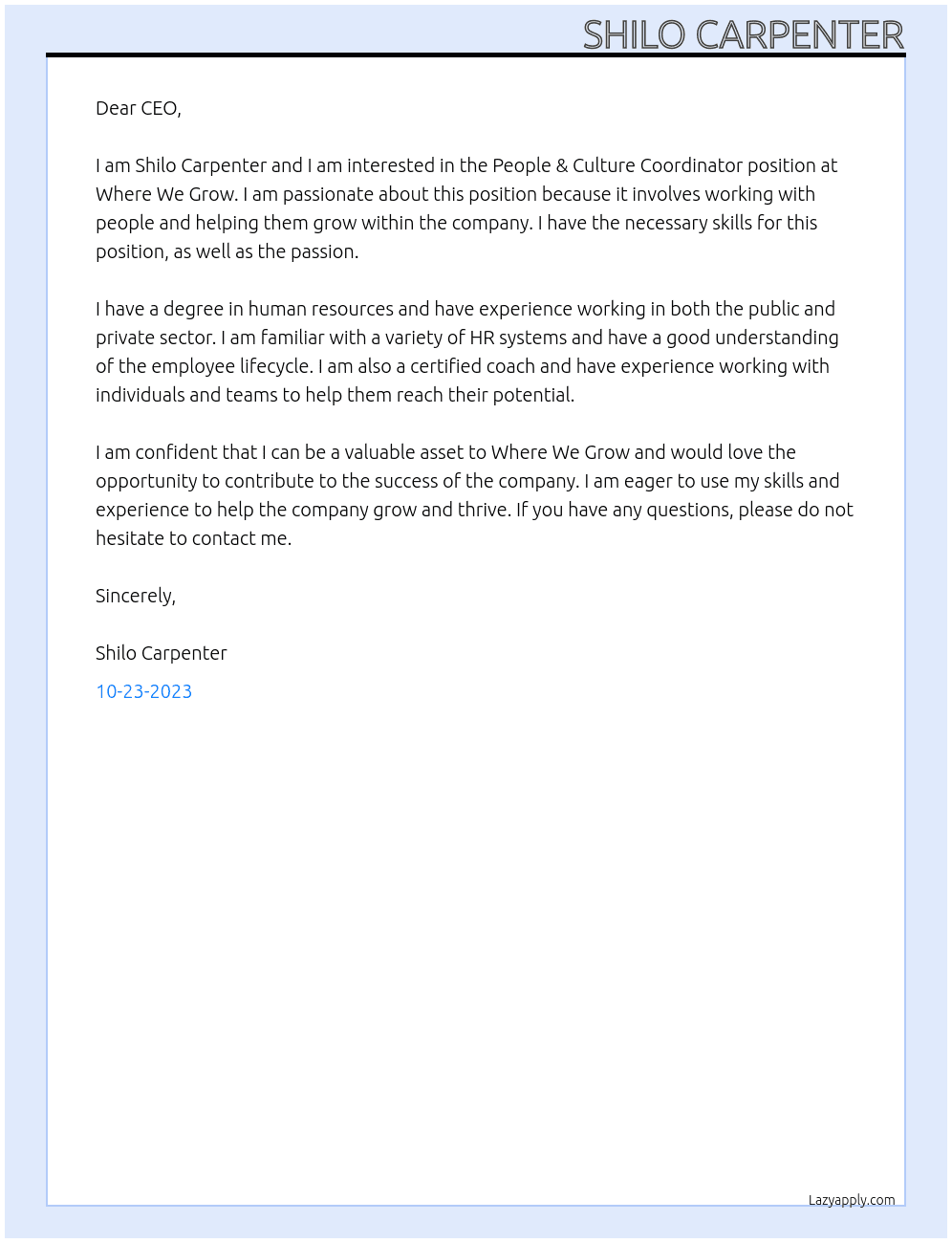People & Culture Coordinator  At Where We Grow  Cover Letter