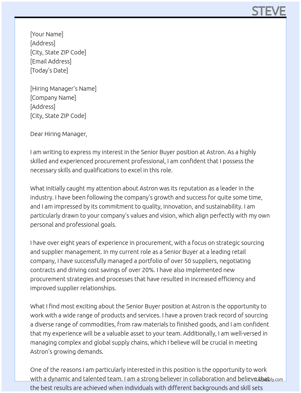Senior Buyer At Astron Cover Letter