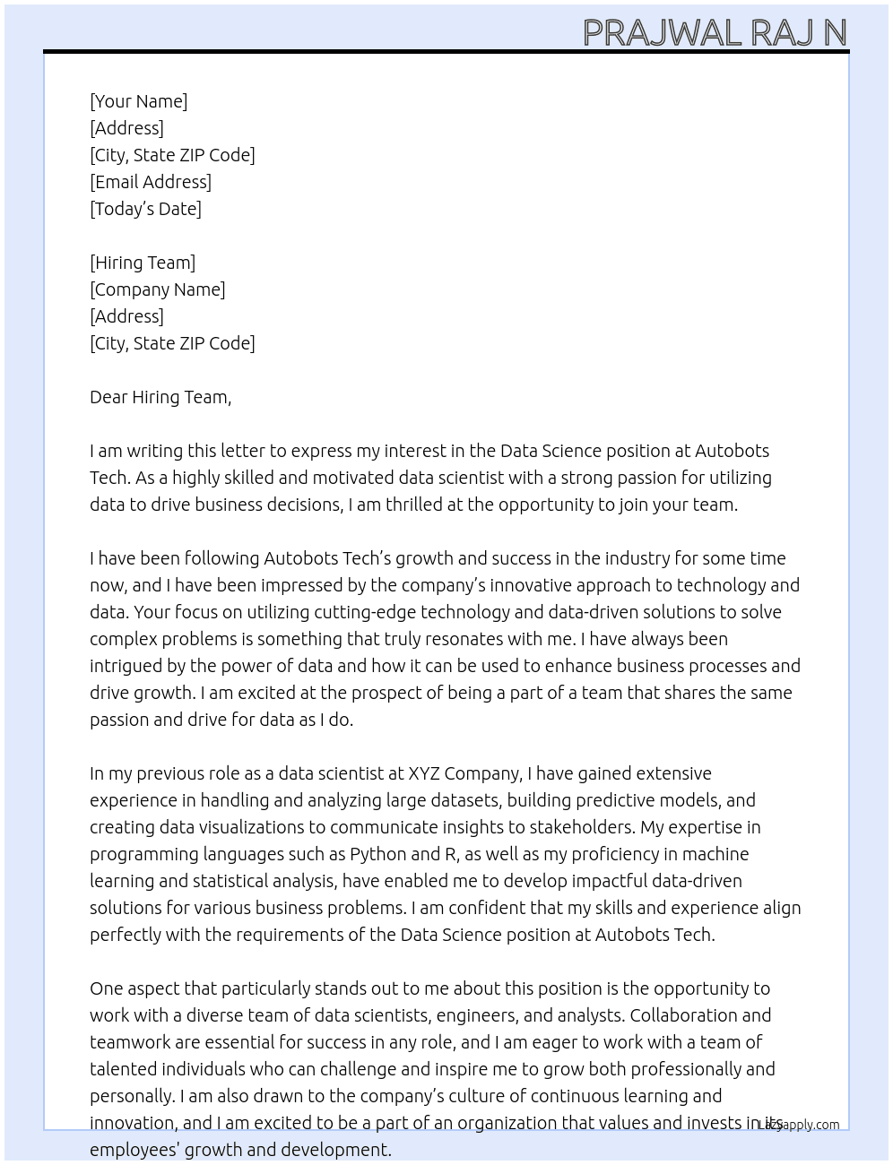 Data Science  At Autobots Tech Cover Letter