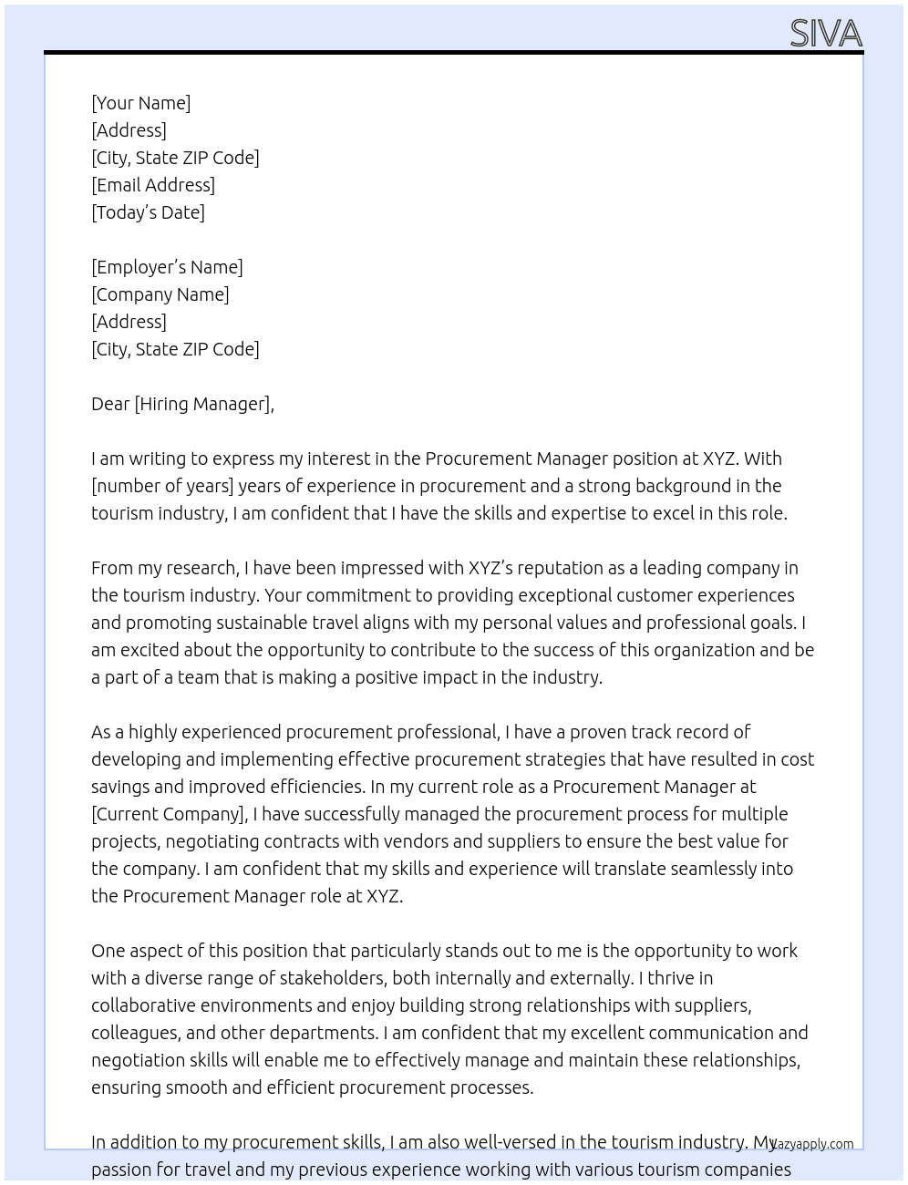 Cover letter for procurement manager tourism - LazyApply