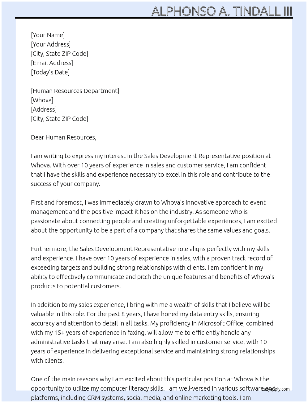 Sales Development Representative At Whova Cover Letter