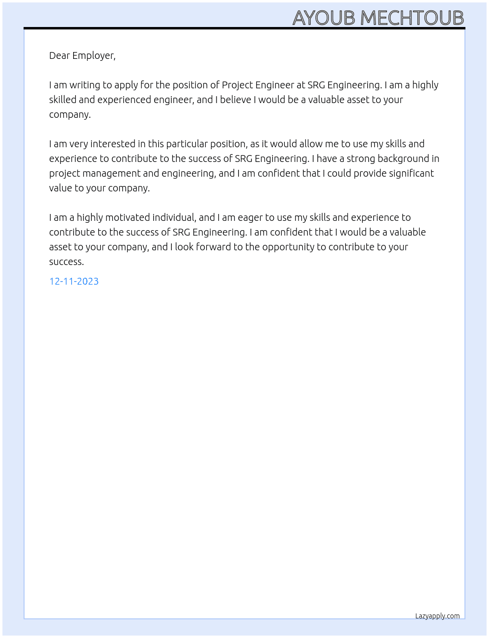 Project Engineer At SRG Engineering Cover Letter