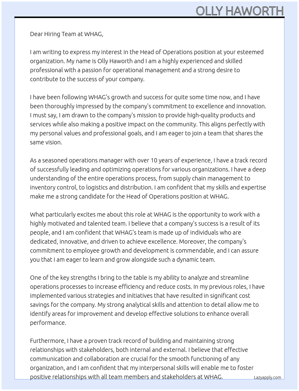 Head of operations At WHAG Cover Letter