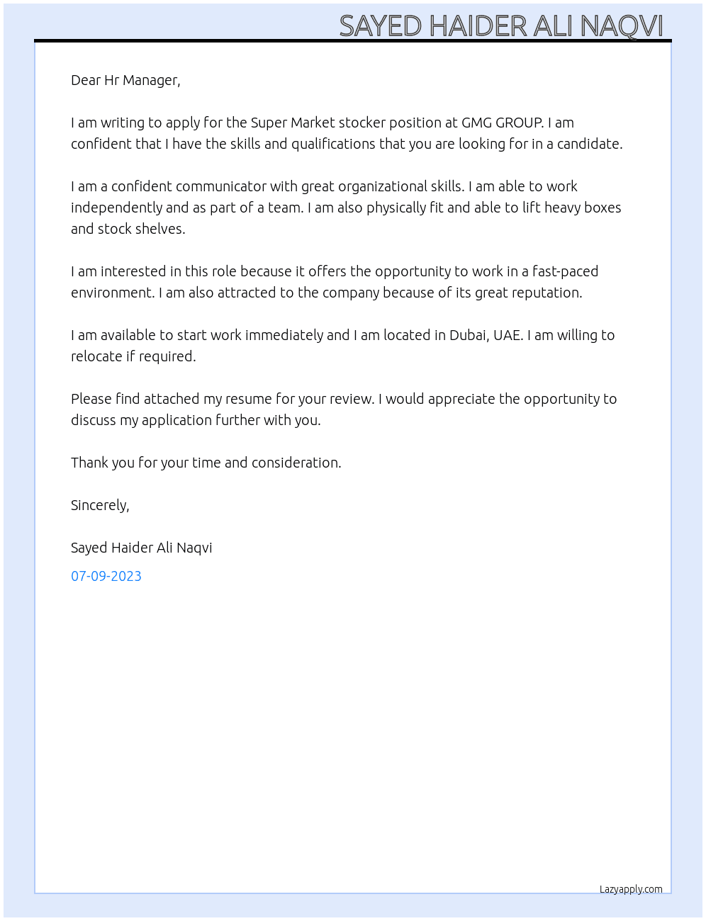 Super Market stocker At GMG GROUP  Cover Letter
