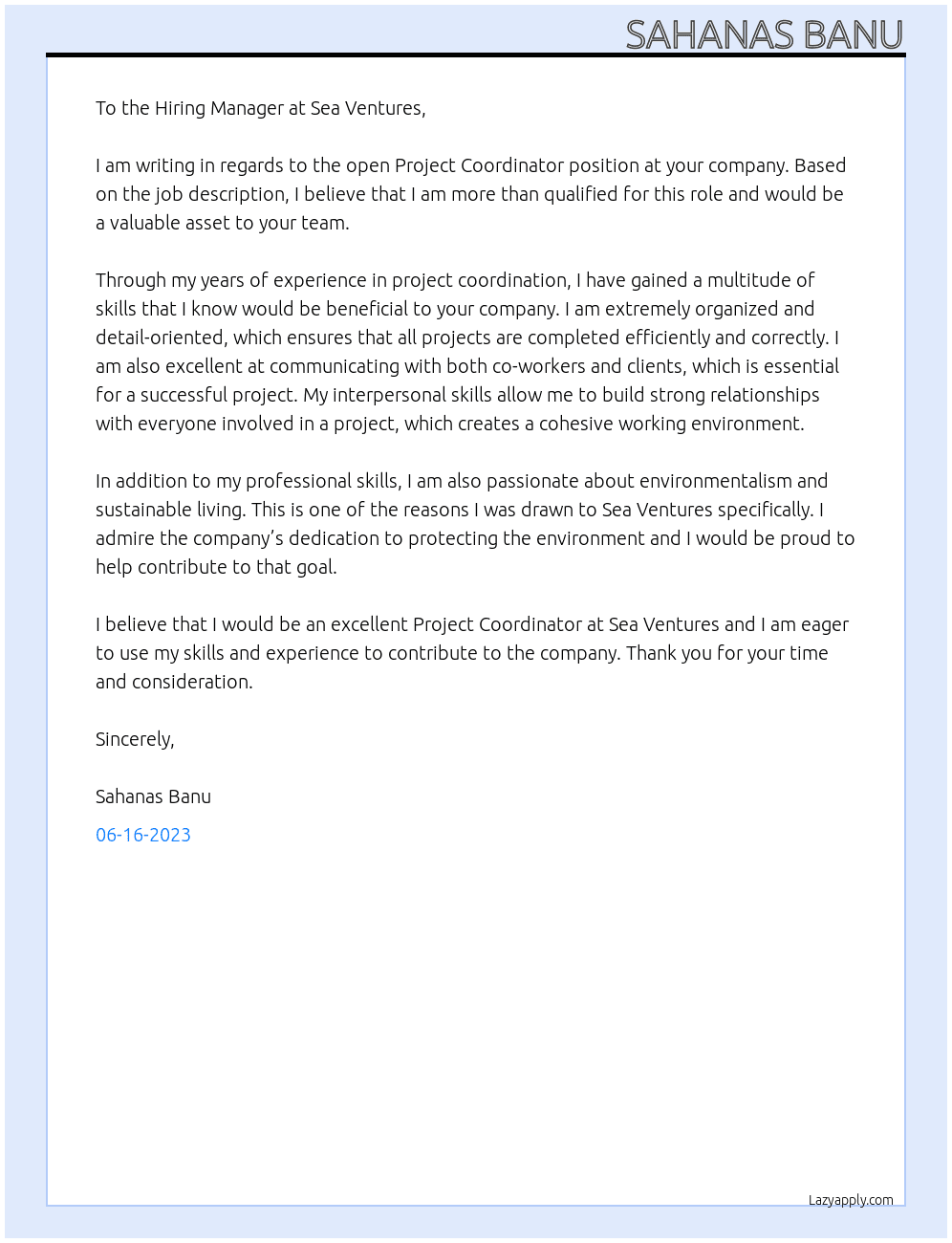 Project Coordinator  At Sea Ventures Cover Letter