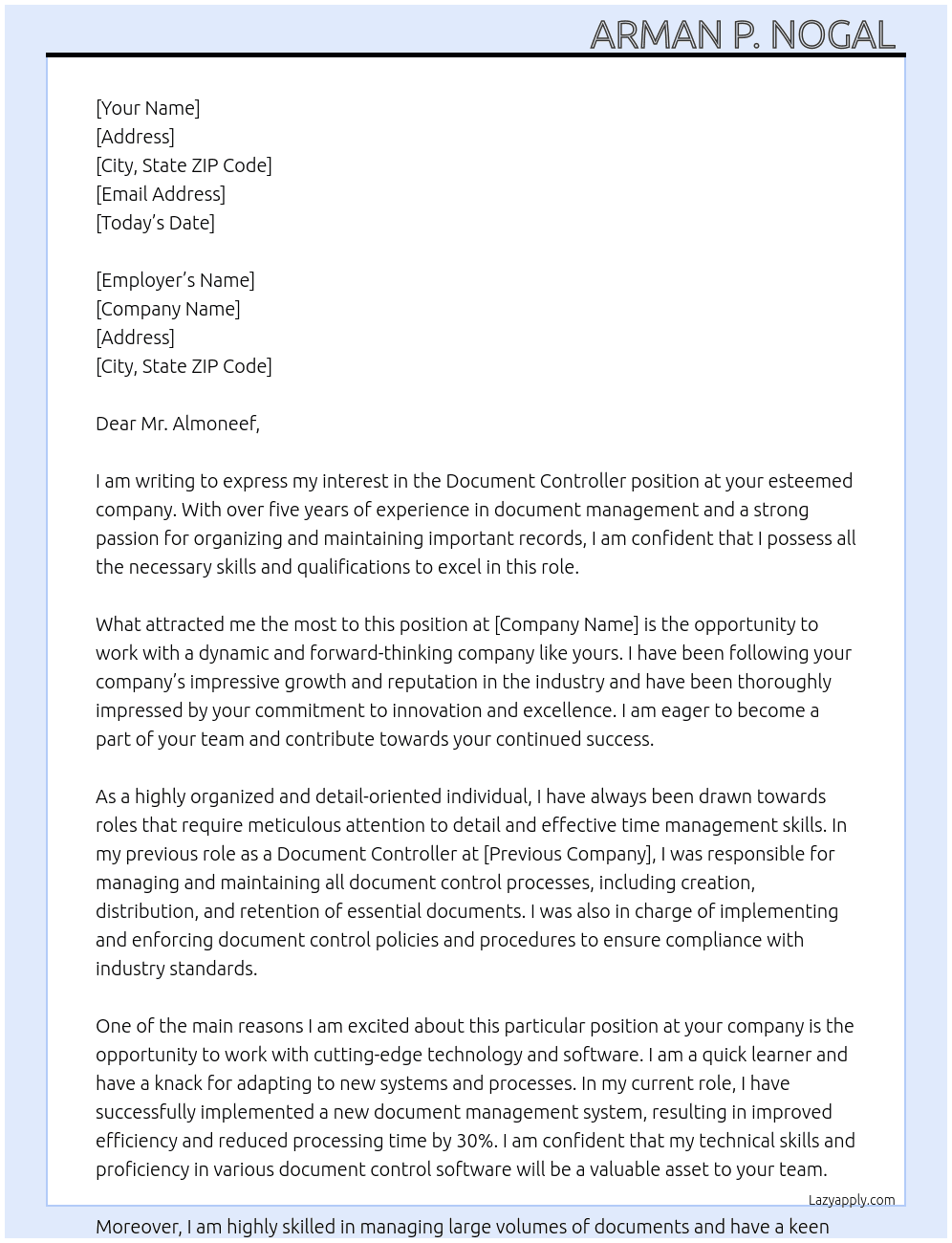 Document Controller At MOHAMMED M ALMONEEF Cover Letter
