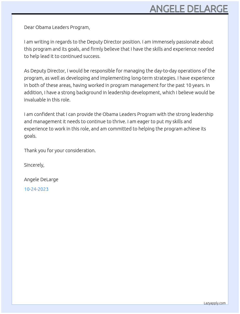 Deputy Director At Obama Leaders Program Cover Letter