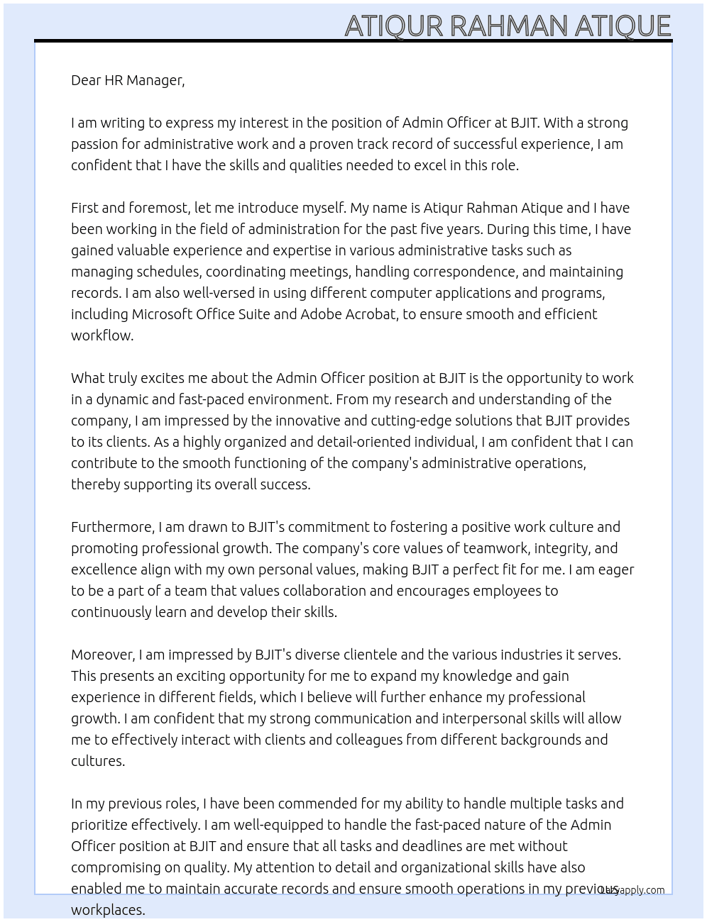 Admin Officer At Bjit Cover Letter