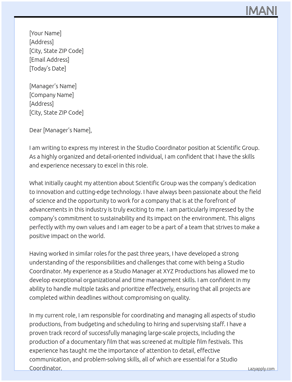 Studio coordinator At Scientific Group Cover Letter