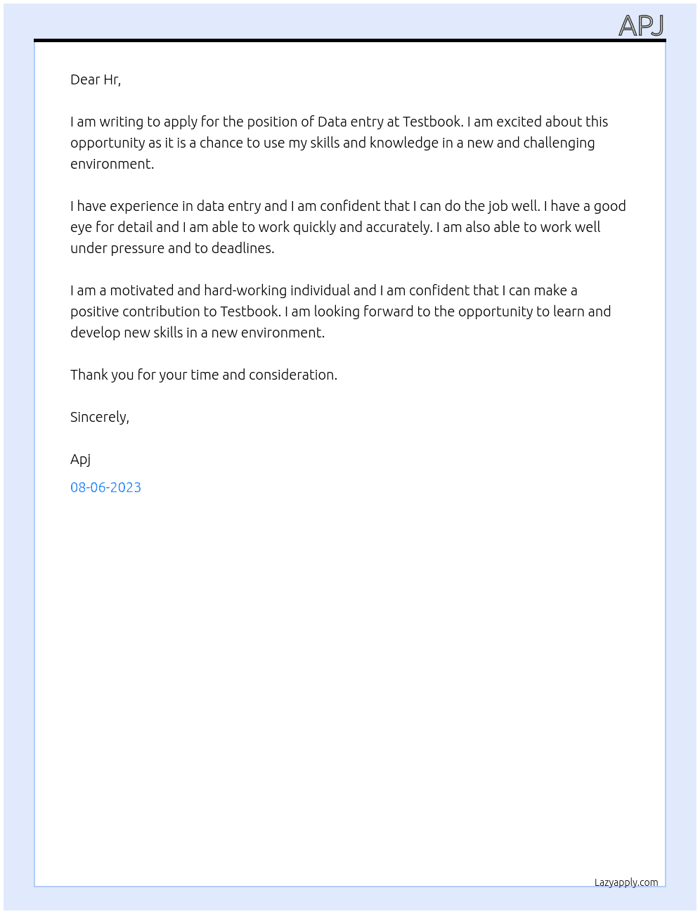 Data entry  At Testbook  Cover Letter