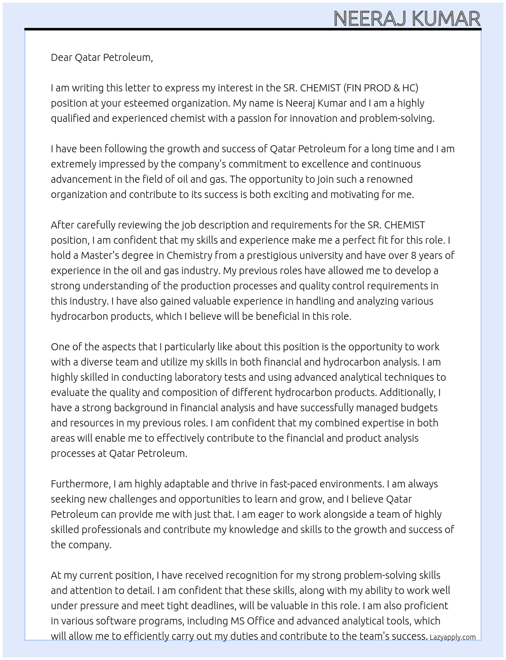 SR. CHEMIST (FIN PROD & HC) At QATAR PETROLEUM Cover Letter