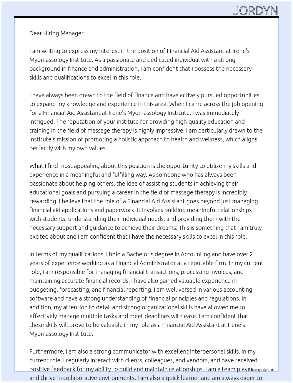 financial aid assistant At Irene's Myomassology Institute Cover Letter