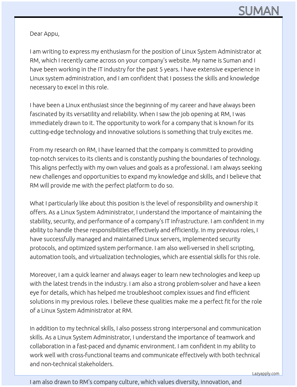 linux system administrator  At RM Cover Letter