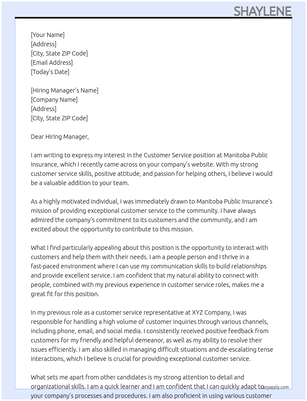 customer service At Manitoba Public Insurance Cover Letter