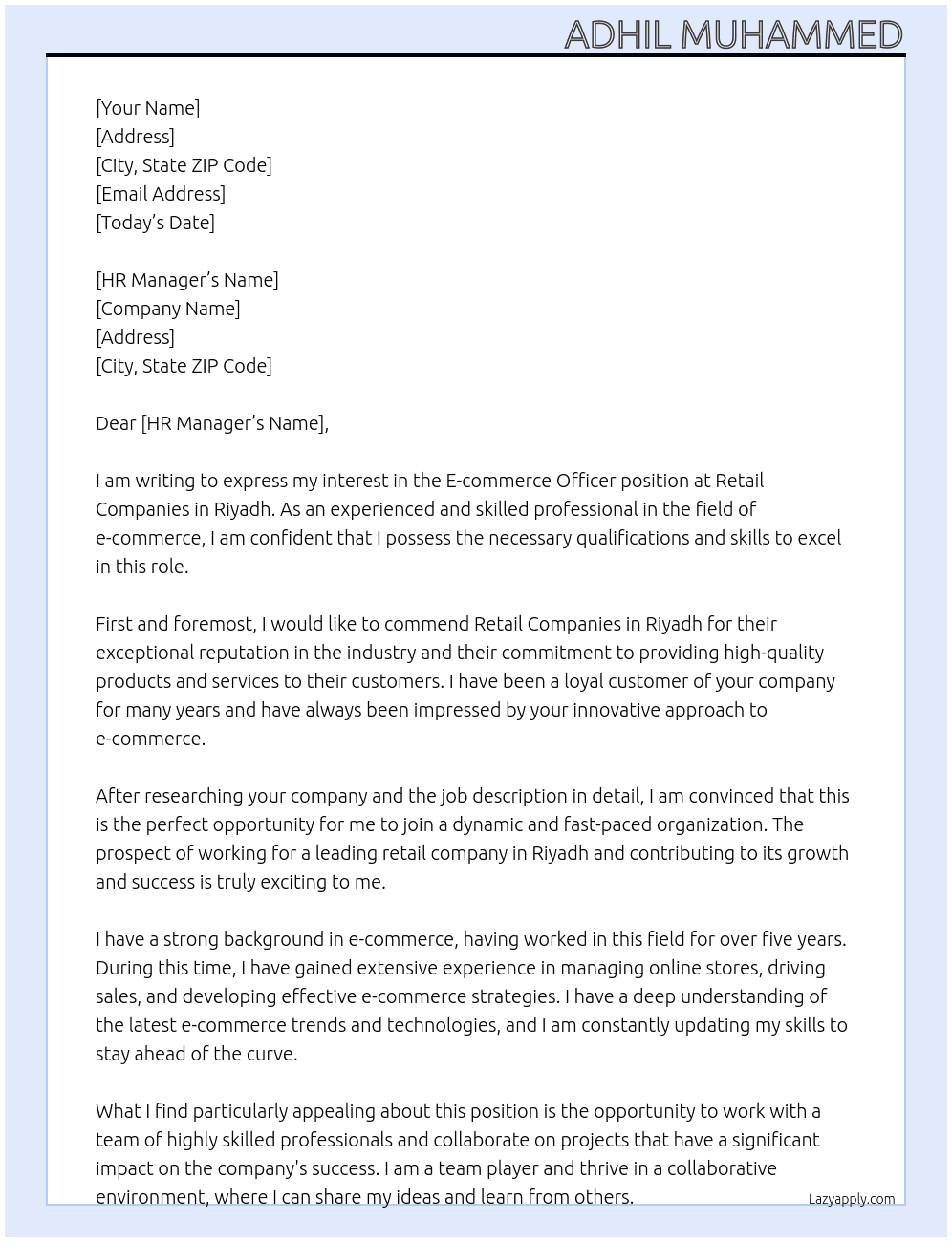 E-commerce Officer At Retail companies in Riyadh Cover Letter