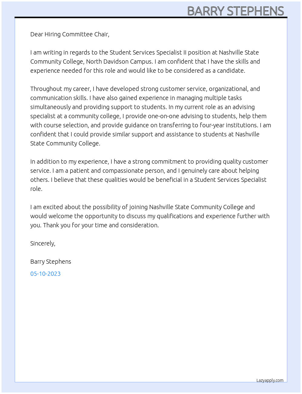 Student Services Specialist II At Nashville State Community College, North Davidson Campus Cover Letter