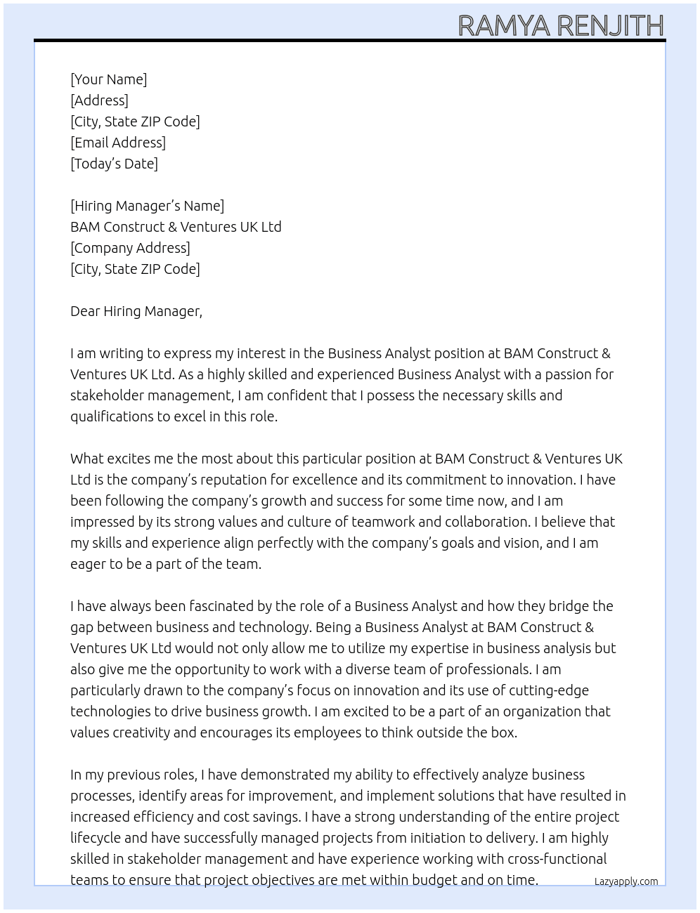 Business Analyst At BAM Construct & Ventures UK Ltd Cover Letter