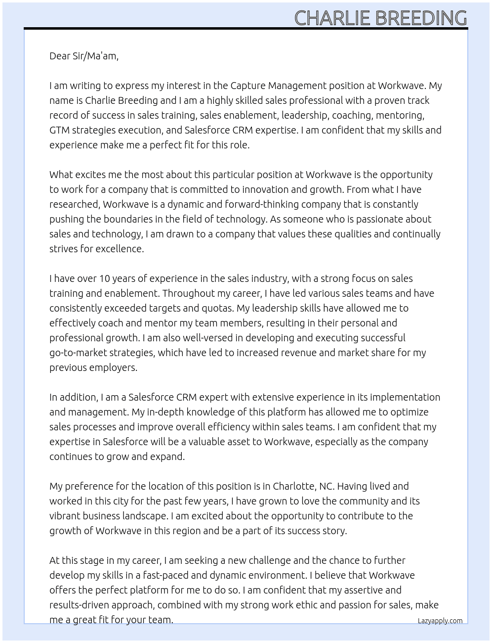Capture Management  At Workwave Cover Letter