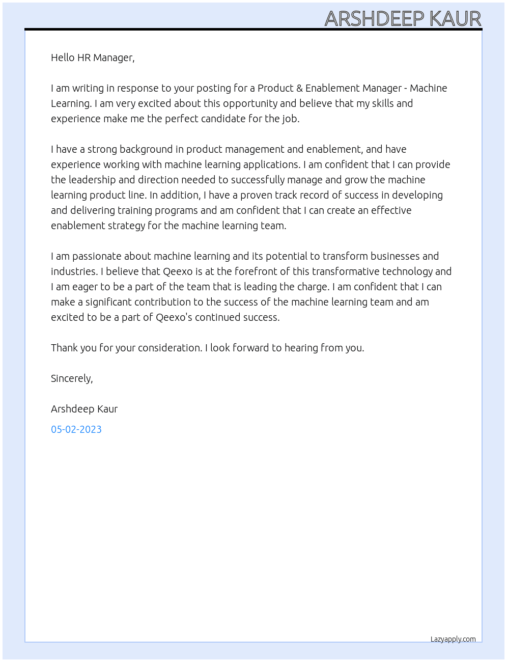 Product & Enablement Manager - Machine Learning At Qeexo Cover Letter
