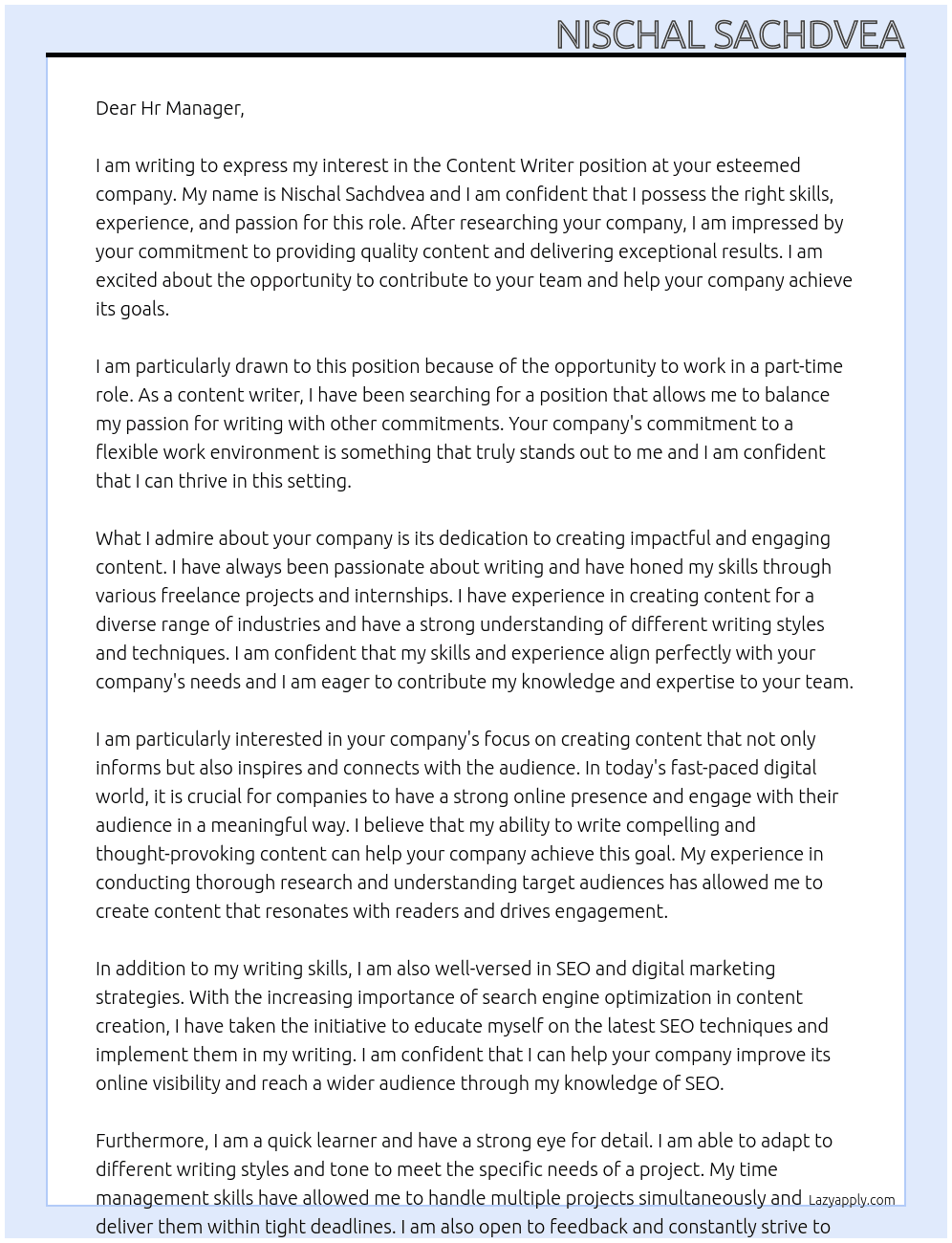 Content writer At Not known Cover Letter