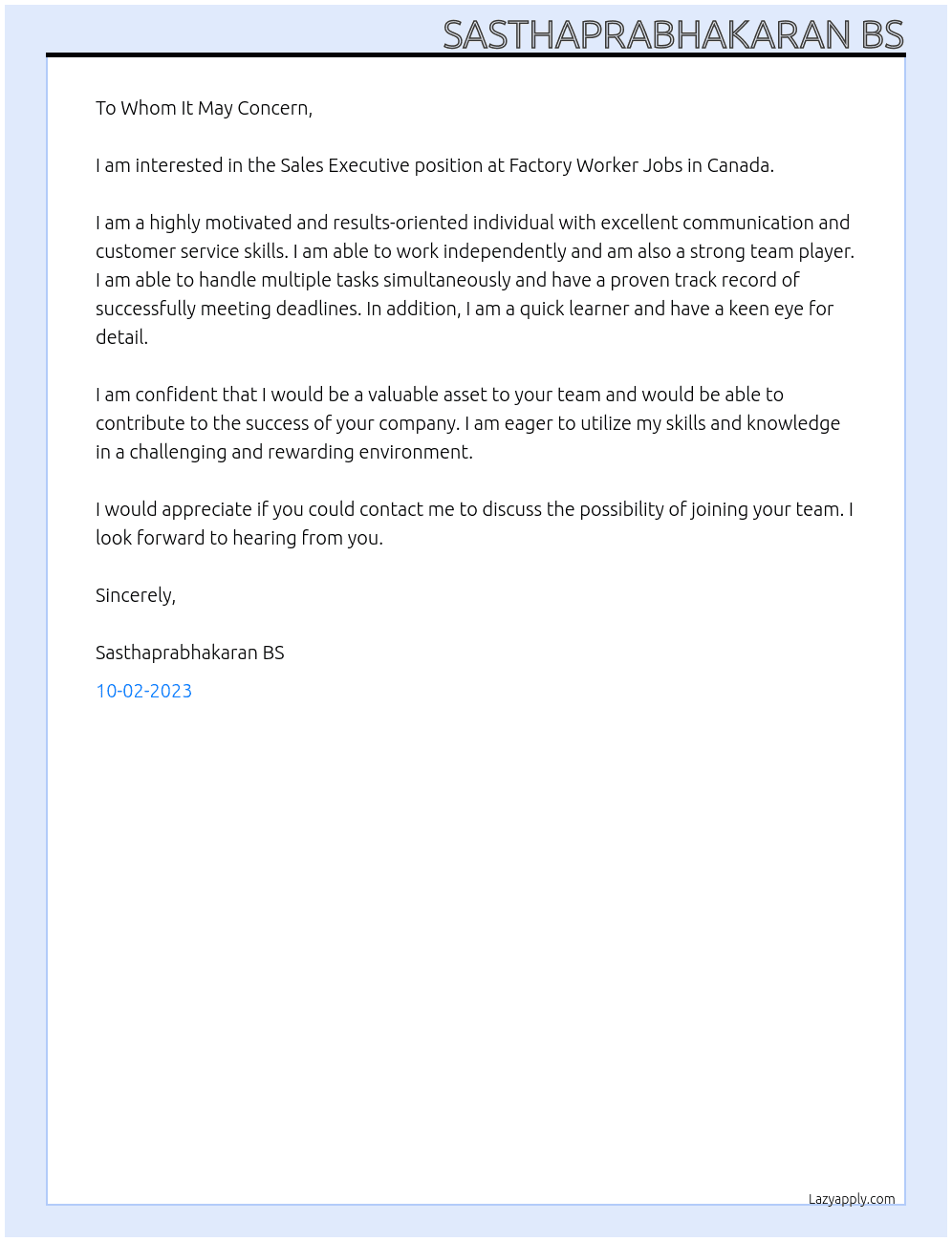 Sale excutive  At Factory Worker Jobs in Canada Cover Letter