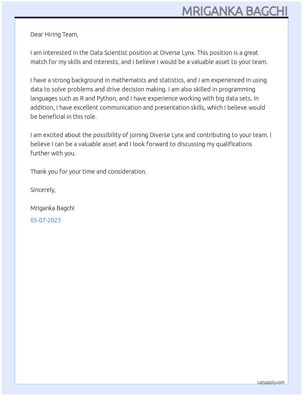 Data Scientist At Diverse Lynx Cover Letter
