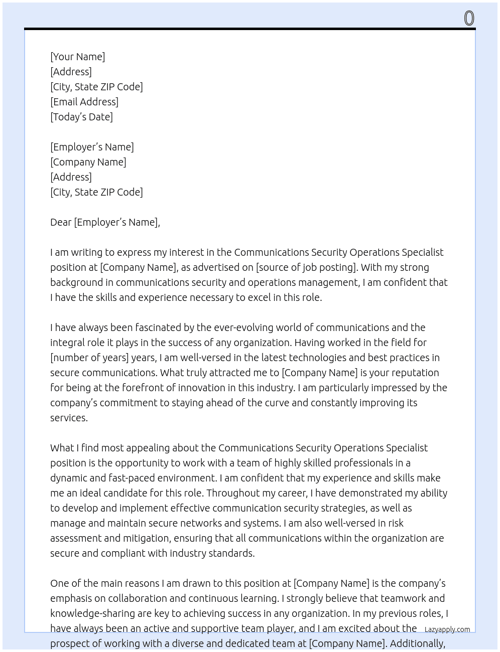 Cover letter for communications security operations specialist - LazyApply