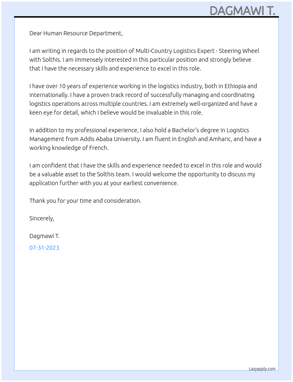 Multi-Country Logistics Expert - Steering Wheel  At Solthis Cover Letter