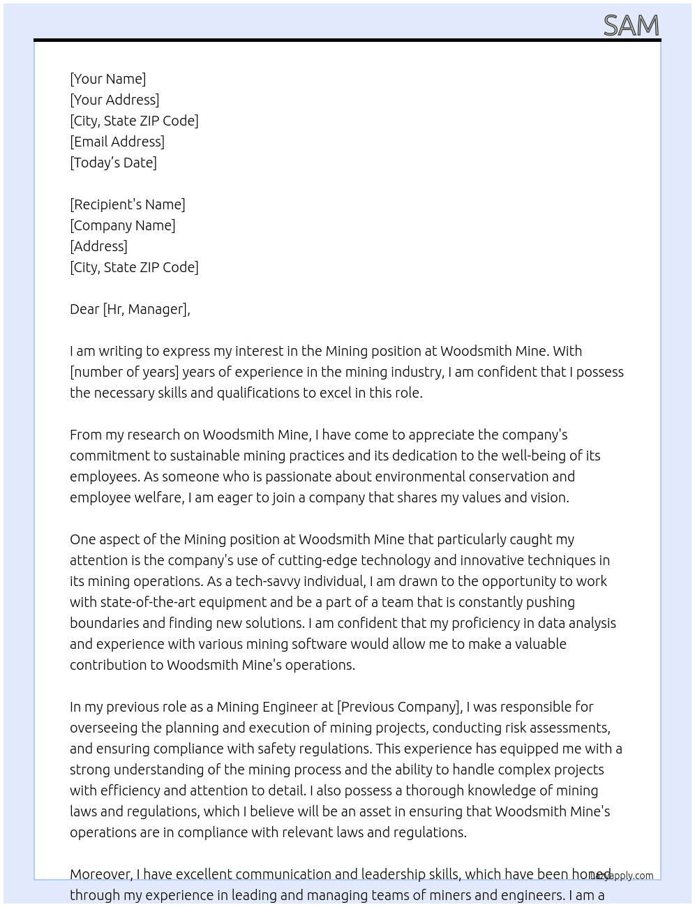 Mining  At Woodsmith Mine Cover Letter