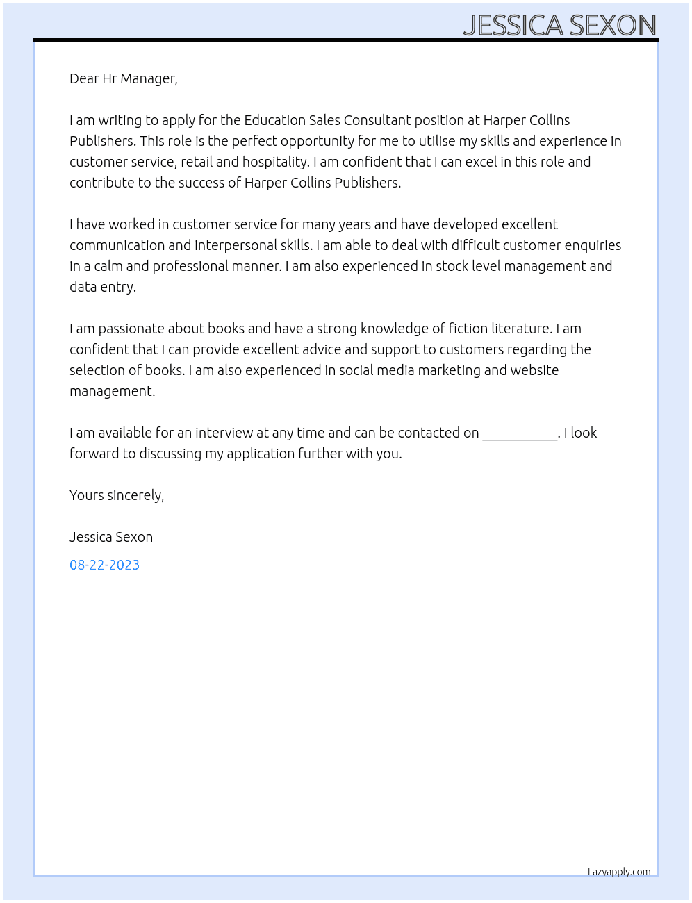 Education Sales Consultant At Harper Collins Publishers Cover Letter