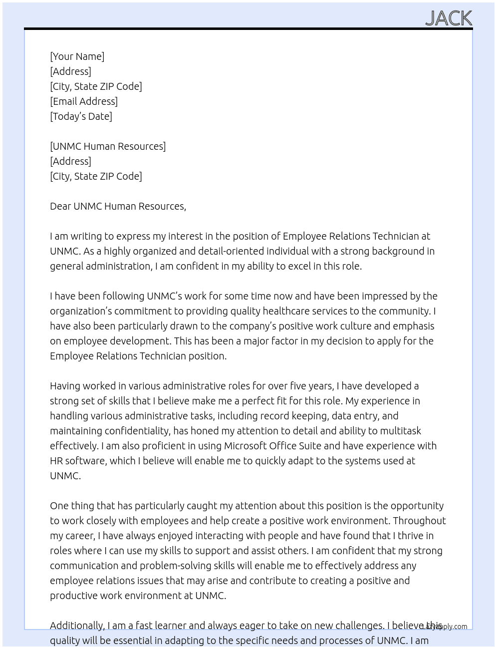 Employee Relations Technician At UNMC Cover Letter