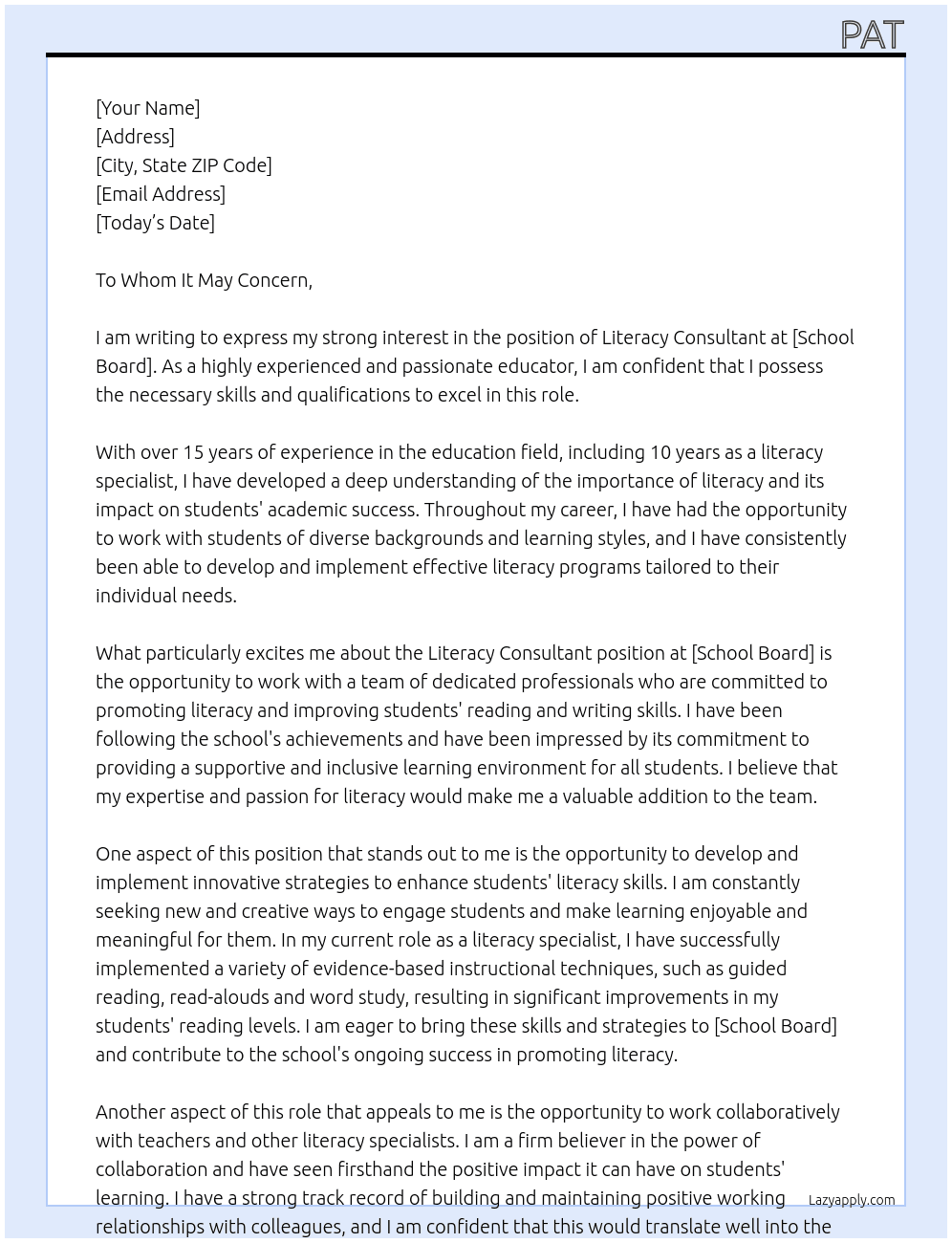 literacy consultant At school board Cover Letter