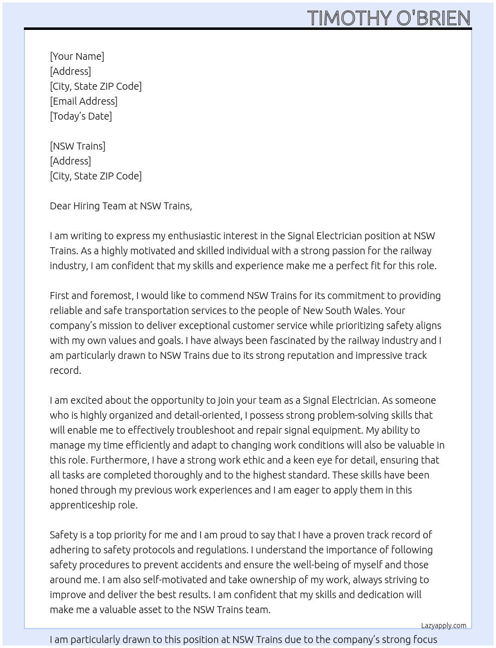 Signal Electrician  At NSW Trains Cover Letter