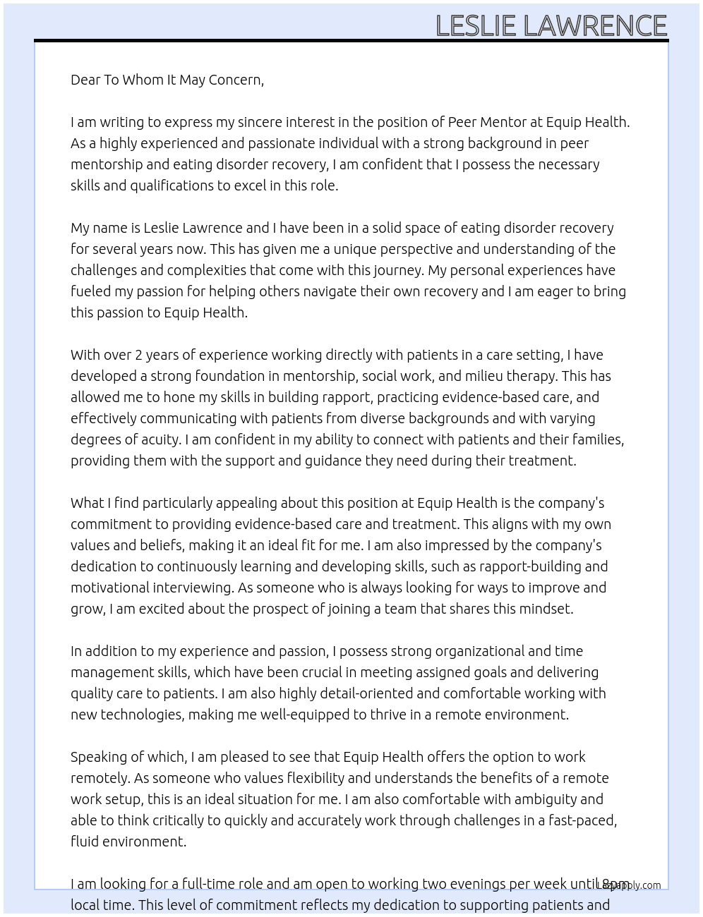 Peer Mentor  At Equip Health Cover Letter