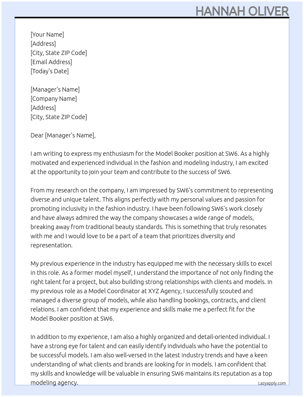 Model Booker At SW6 Cover Letter