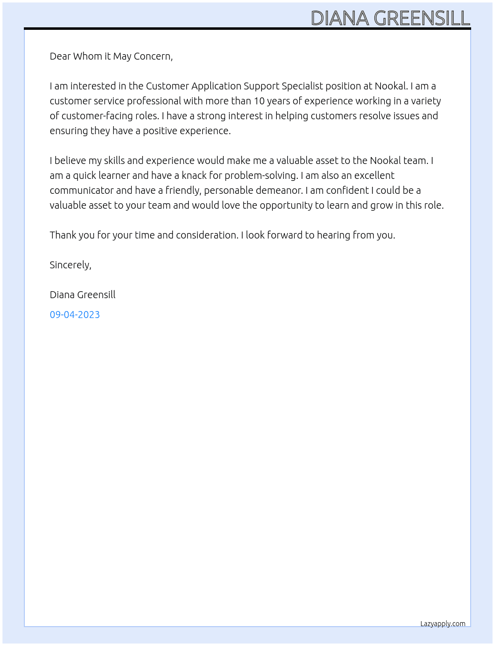 Customer Application Support Specialist At Nookal Cover Letter