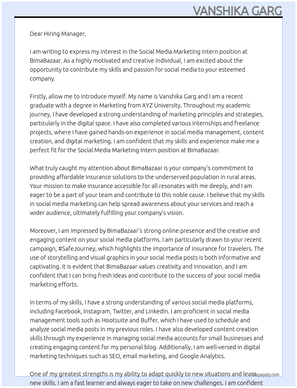 Social media marketing intern At BimaBazaar Cover Letter