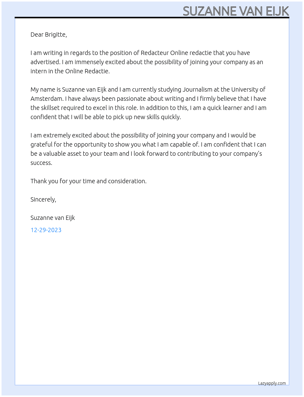 Redacteur online redactie  At Intern, Online Redactie  Cover Letter