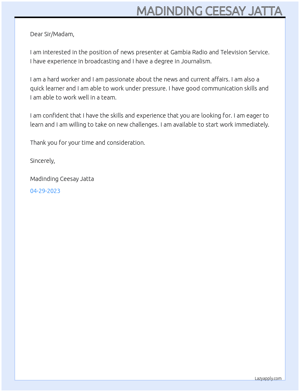 News presenter  At Gambia Radio and Television Service  Cover Letter