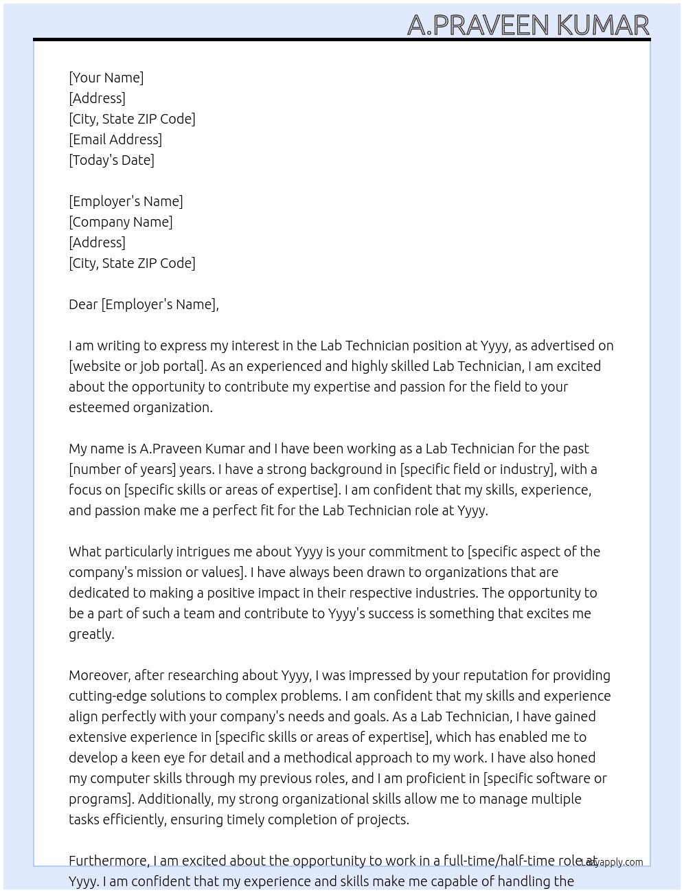 Lab technician  At Yyyy Cover Letter