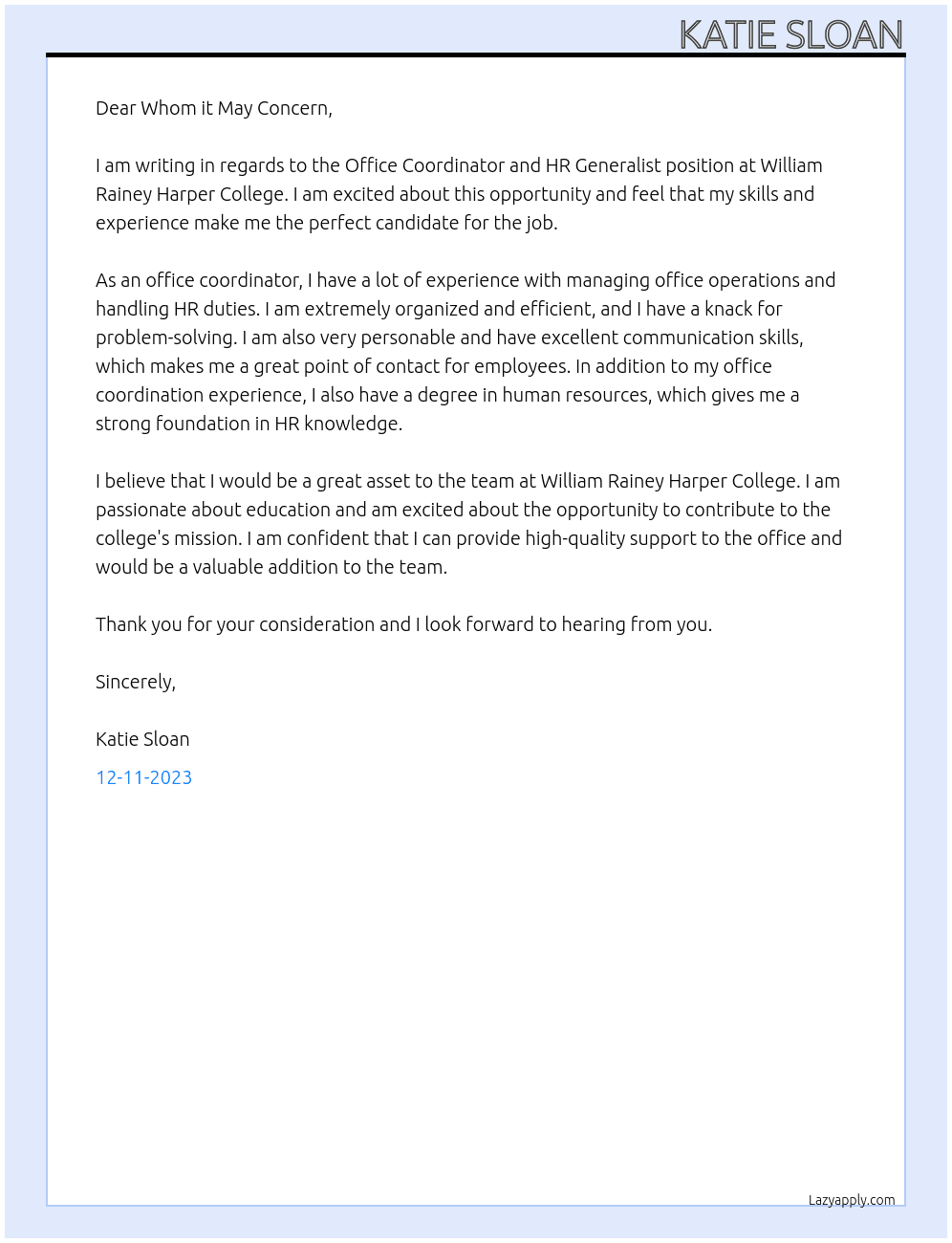 Office Coordinator and HR Generalist At William Rainey Harper College Cover Letter