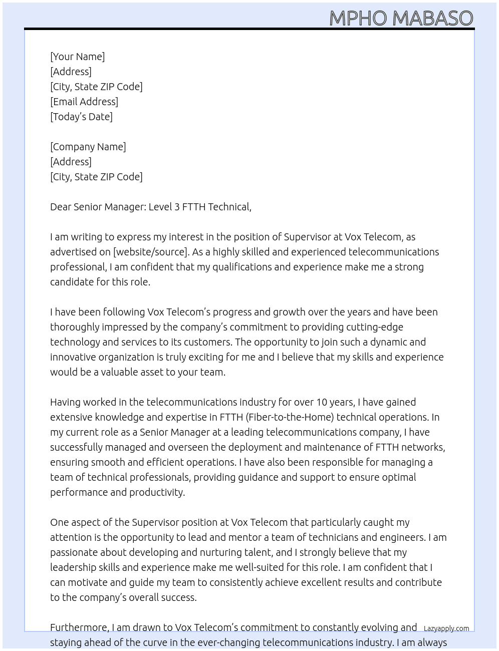 Supervisor At Vox Telecom Cover Letter