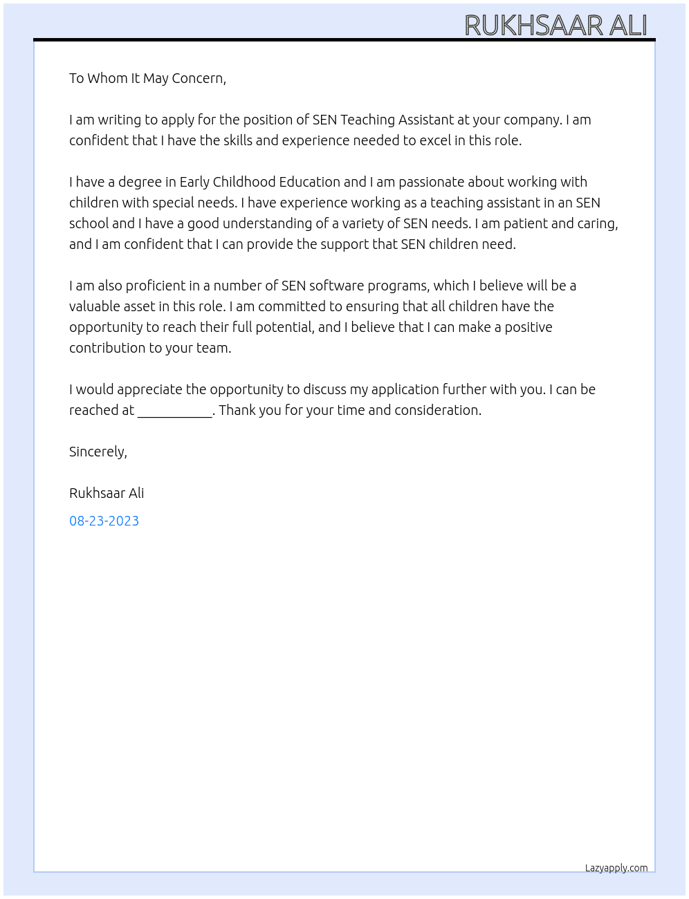 sen teaching assistant At sen  Cover Letter