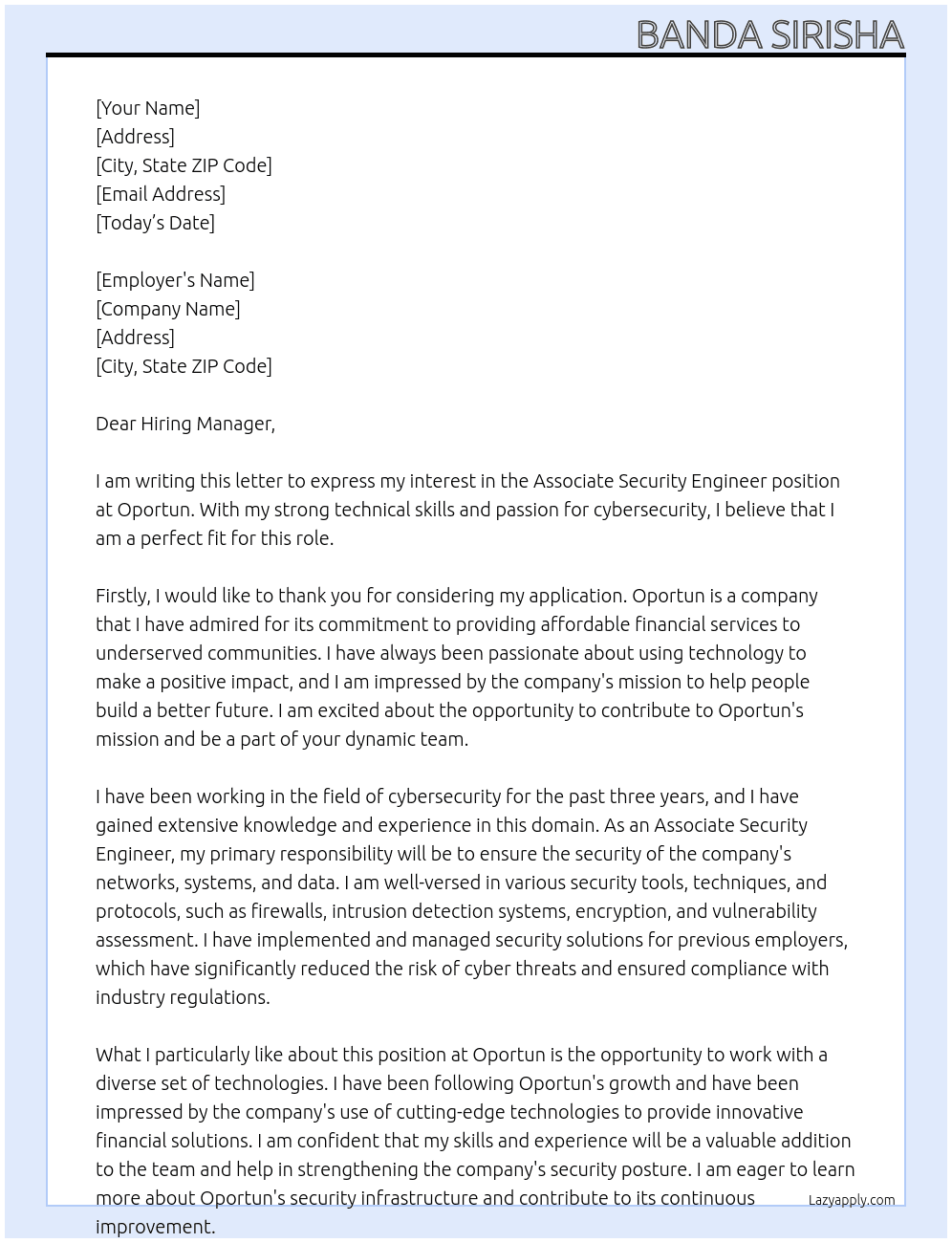 Associate Security Engineer  At Oportun Cover Letter