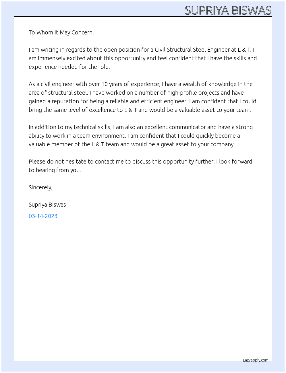 Civil Structural Steel Engineer At L & T Cover Letter