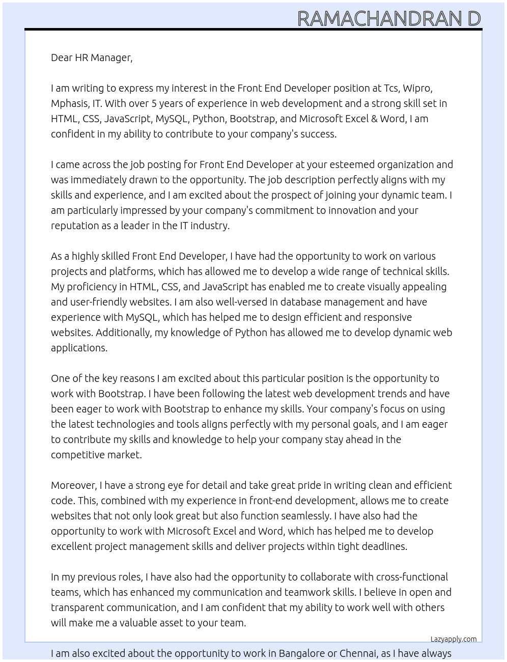 Front End Developer At Tcs , wipro , Mphasis , IT,  Cover Letter