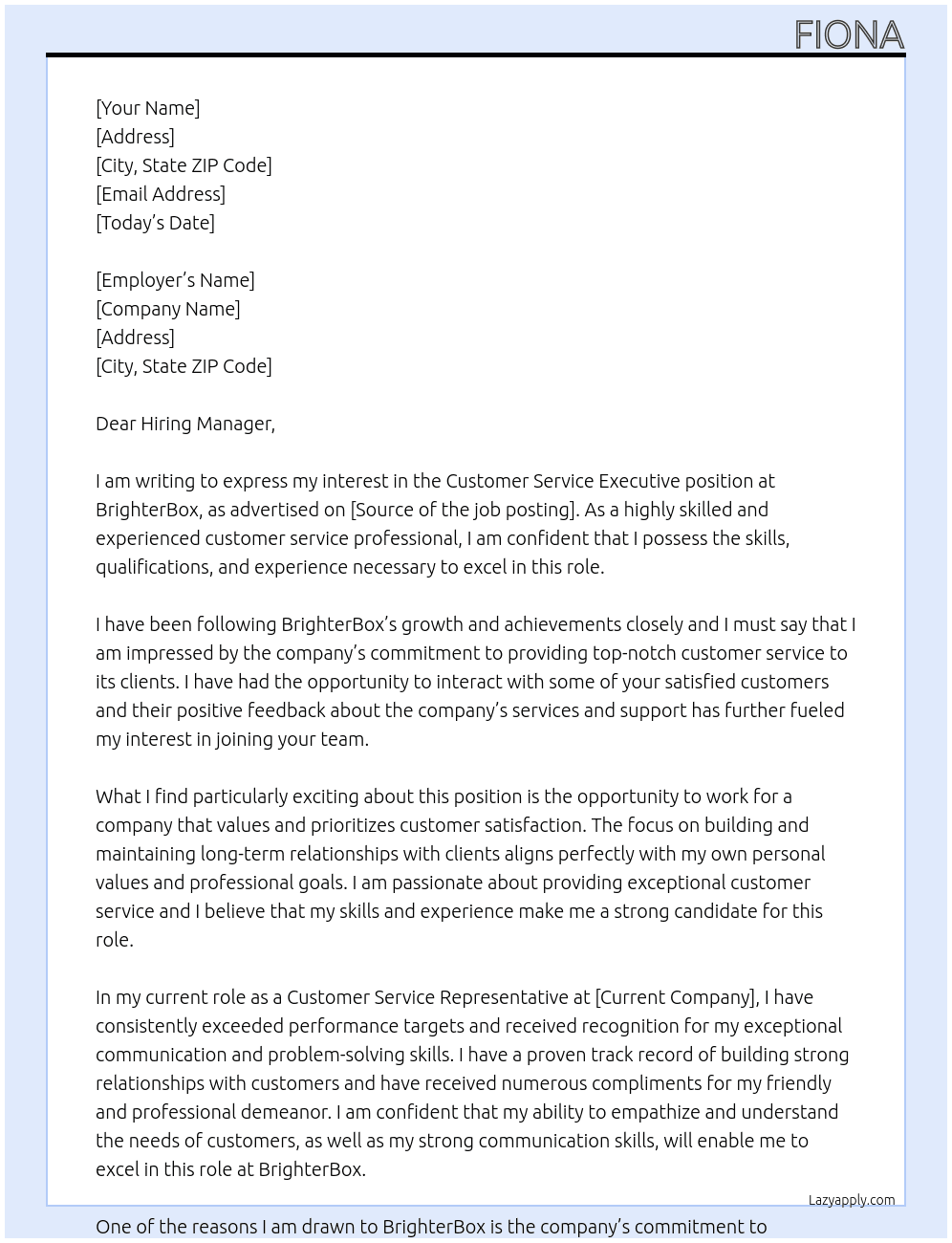 Customer Service Executive At BrighterBox Cover Letter