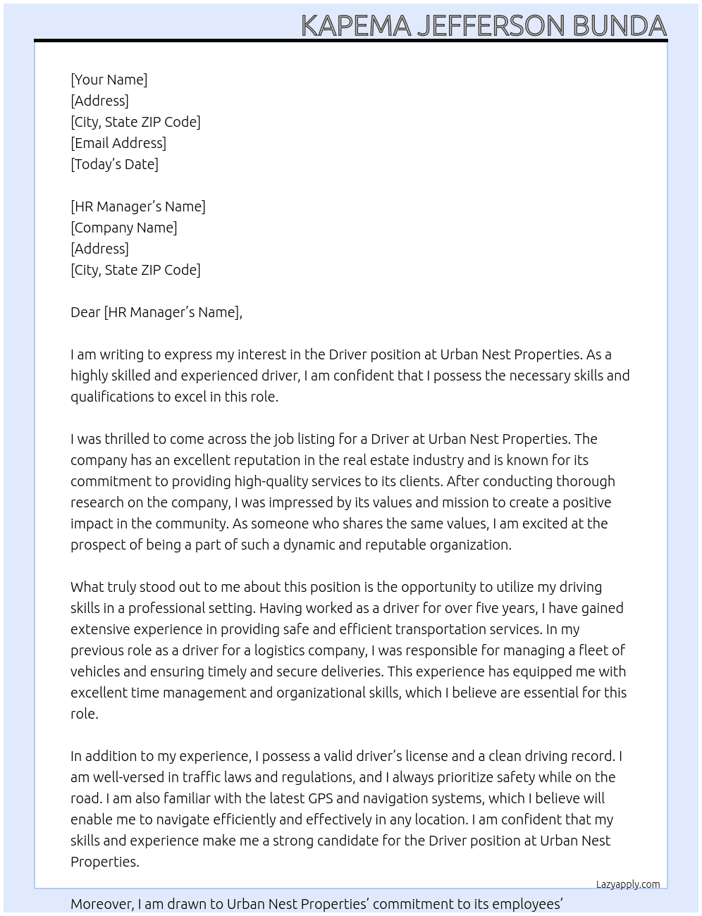 Driver At Urban nest properties  Cover Letter