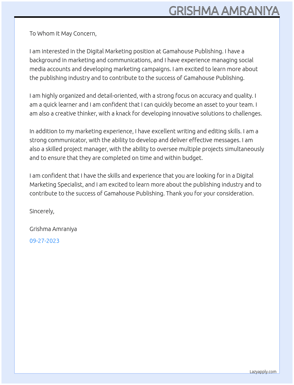 Digital marketing  At Literary Magazine Cover Letter